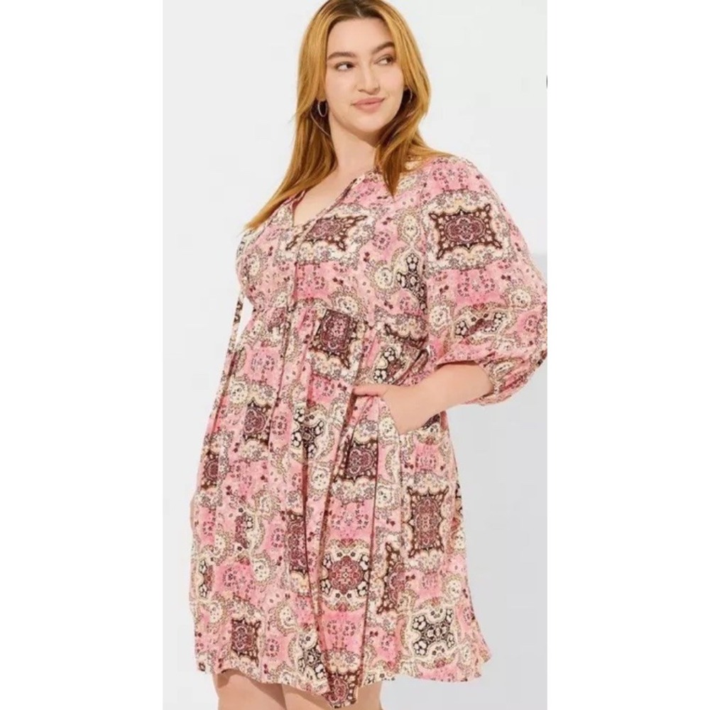 Torrid Mini Washable Gauze Tunic Dress Pocket Geometric Print Pink Size 0
